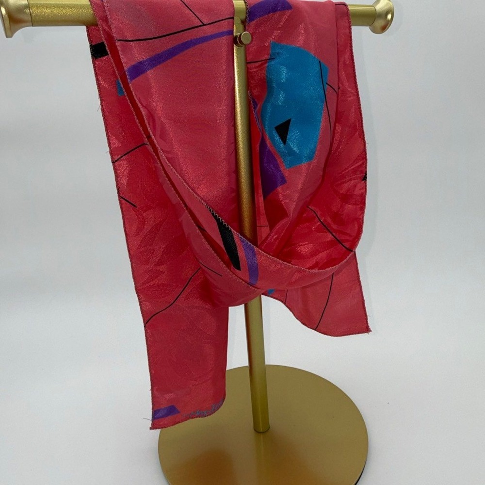 Vintage The Montage Satin Oblong Scarf 44x7 Pink Blue Abstract 1980s 1990s Retro